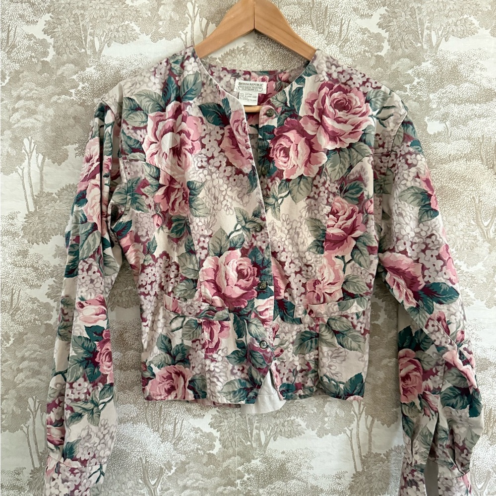 Banana Republic Floral Button-Front Blouse in Pink, Green, Cream - Picture 3 of 10